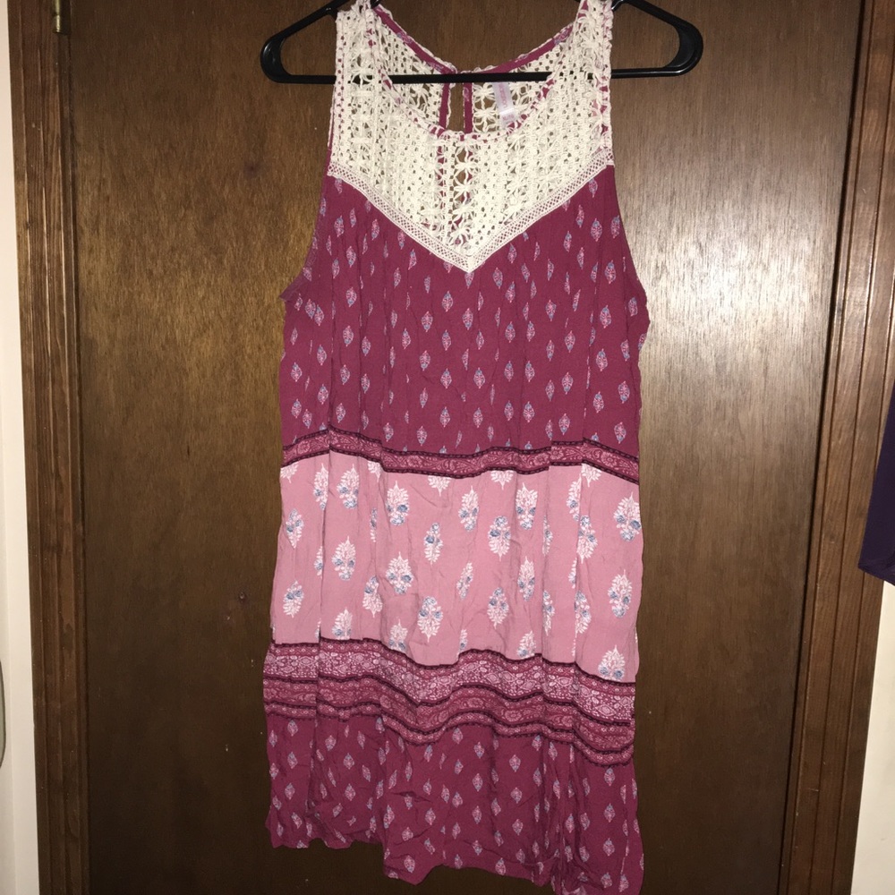 Pink Patterned Dress with Cream Lace